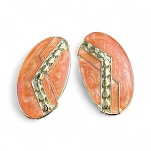 Vintage Oval Coral Enamel & Gold-Tone Statement Earrings